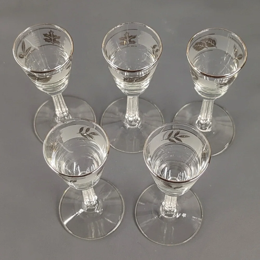 Vintage Silver Leaf Frosted Cordial Glasses Set of 5 Stemmed Liqueur Glassware